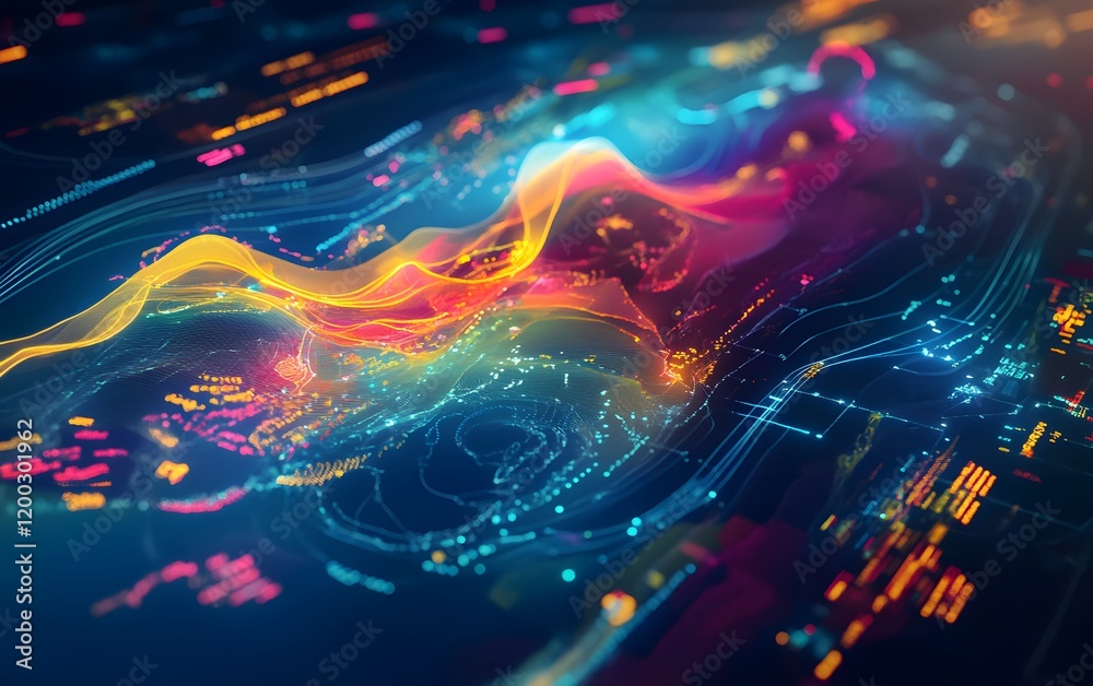 Poster a vibrant digital abstraction showcasing colorful waves of light and data patterns, representing tec