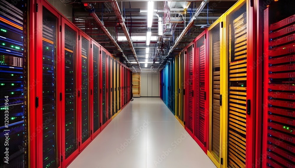 Poster a vibrant data center showcasing rows of colorful server racks, each equipped with blinking lights. 