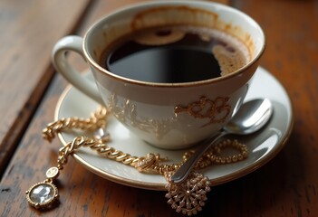 Vintage coffee cup with jewelry and warm tones