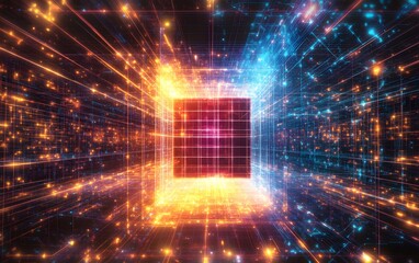 Obraz premium A vibrant digital landscape showcasing glowing particles and an energetic grid, representing advanced technology and futuristic concepts in a captivating visual format.