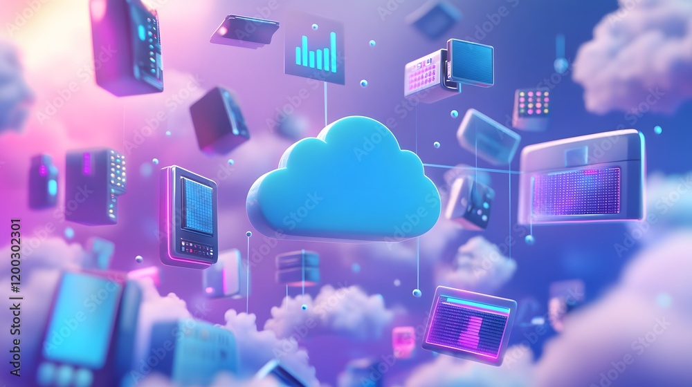 Poster a vibrant illustration showcasing cloud computing with digital devices floating among colorful cloud