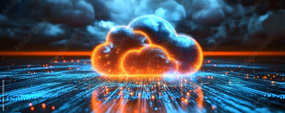 Poster A vibrant representation of a cloud computing concept, featuring an illuminated cloud surrounded by flowing data streams, symbolizing digital transformation and connectivity.