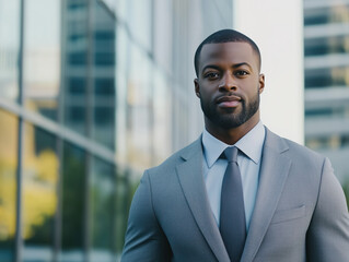 Fototapeta premium Confident Businessman in Modern Urban Setting Wearing a Gray Suit