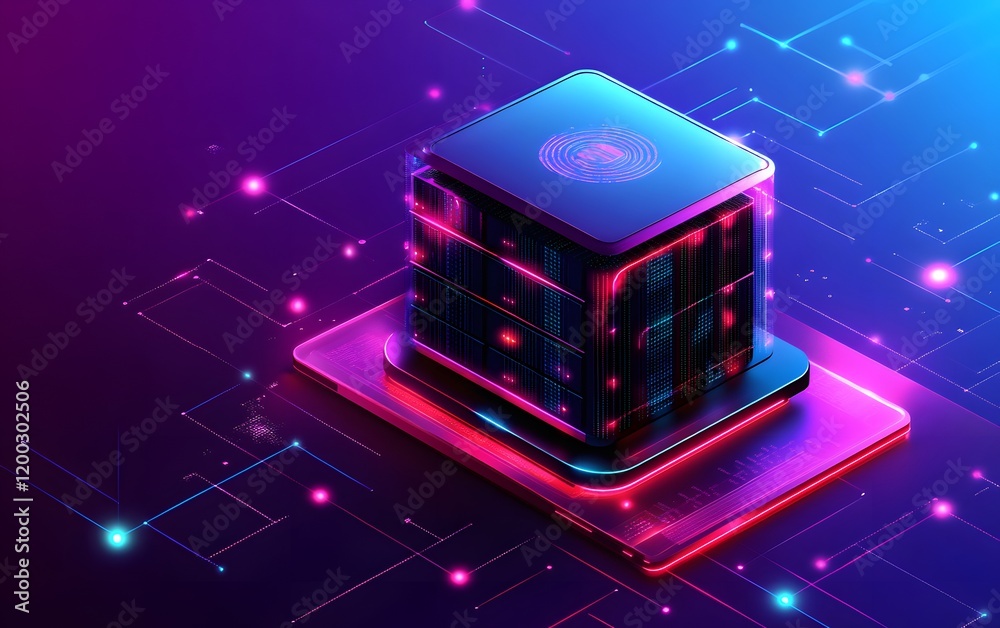 Poster a vibrant, futuristic representation of a data server within a digital circuit backdrop, showcasing 
