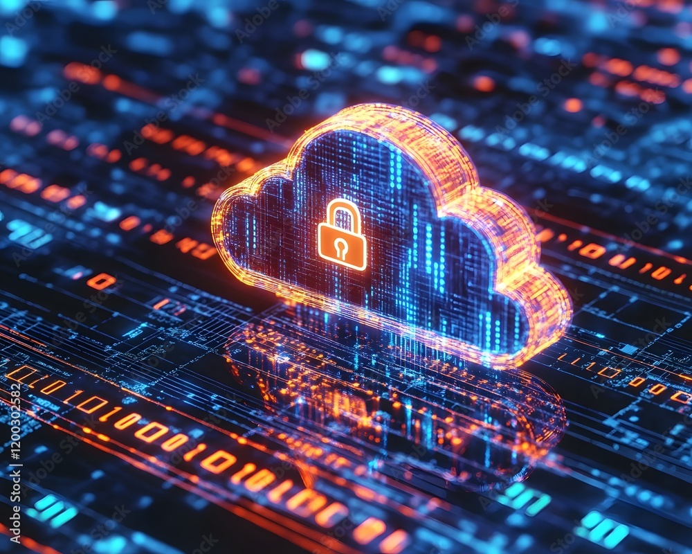 Poster a visually striking image of a digital cloud with a secure lock symbol, representing data protection