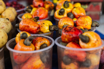 Cashews for sale at a market. Brazilian tropical fruit, rich in nutrients and vitamin C.