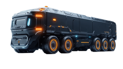 Futuristic transport vehicle designed for rugged terrain and heavy cargo delivery isolated on transparent background
