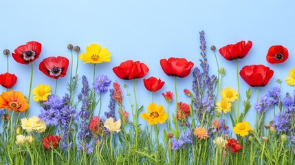 Obraz premium Various field flowers and fresh leaves arranged in a row on a pastel green background, showcasing a creative floral spring bloom concept. This still life natural visual trend idea captures a flat