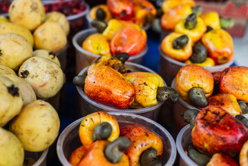 Cashews for sale at a market. Brazilian tropical fruit, rich in nutrients and vitamin C.