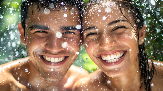 Happy couple smiling under refreshing water droplets on a sunny day, faces close together with sparkling bokeh in the background, concept of joy and summer