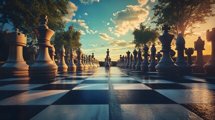 An imaginative chessboard under a vibrant sky, featuring large chess pieces that create a surreal atmosphere. This captivating scene evokes strategy, competition, and creativity.