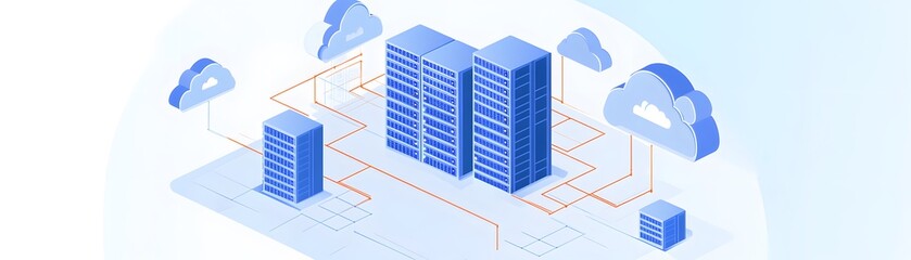 An innovative illustration depicting modern data centers surrounded by clouds, highlighting the integration of technology and cloud computing in today's digital landscape.
