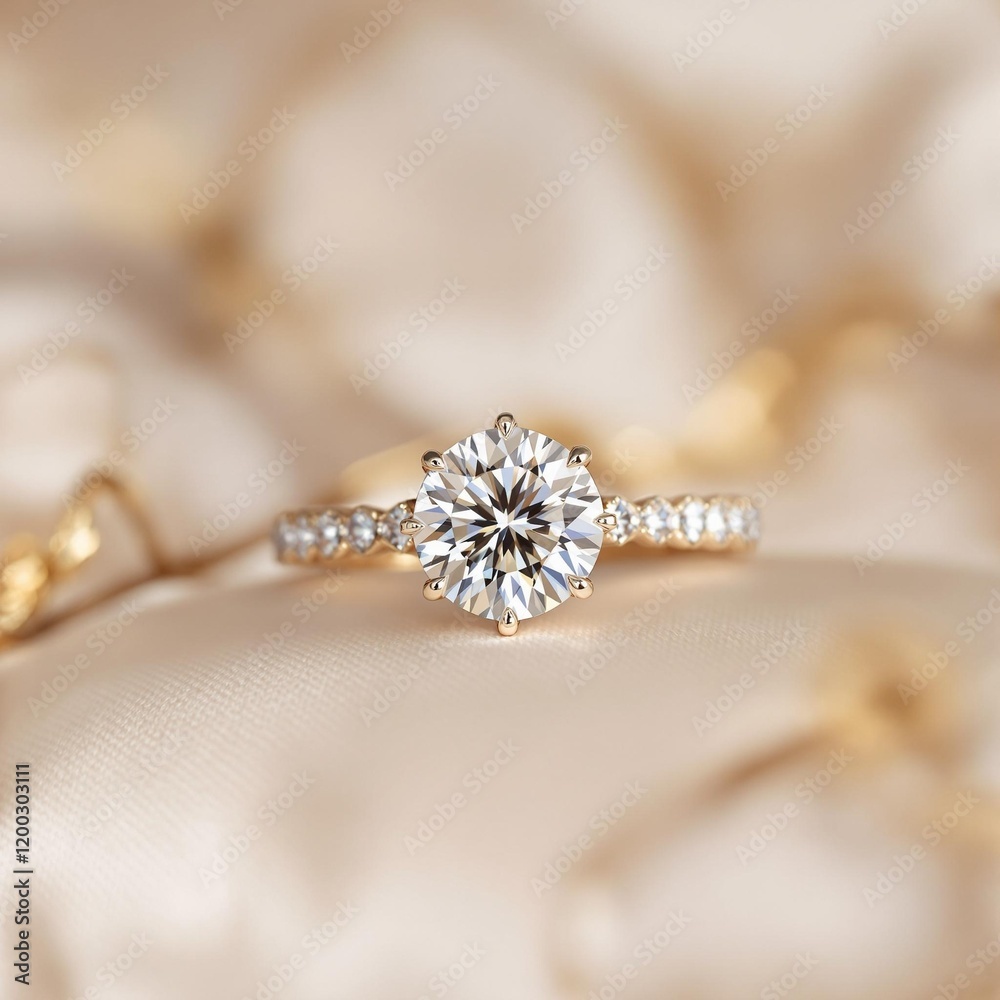 Aufkleber a macro view of a sparkling diamond ring resting on a silk cushion, surrounded by soft, blurred gold