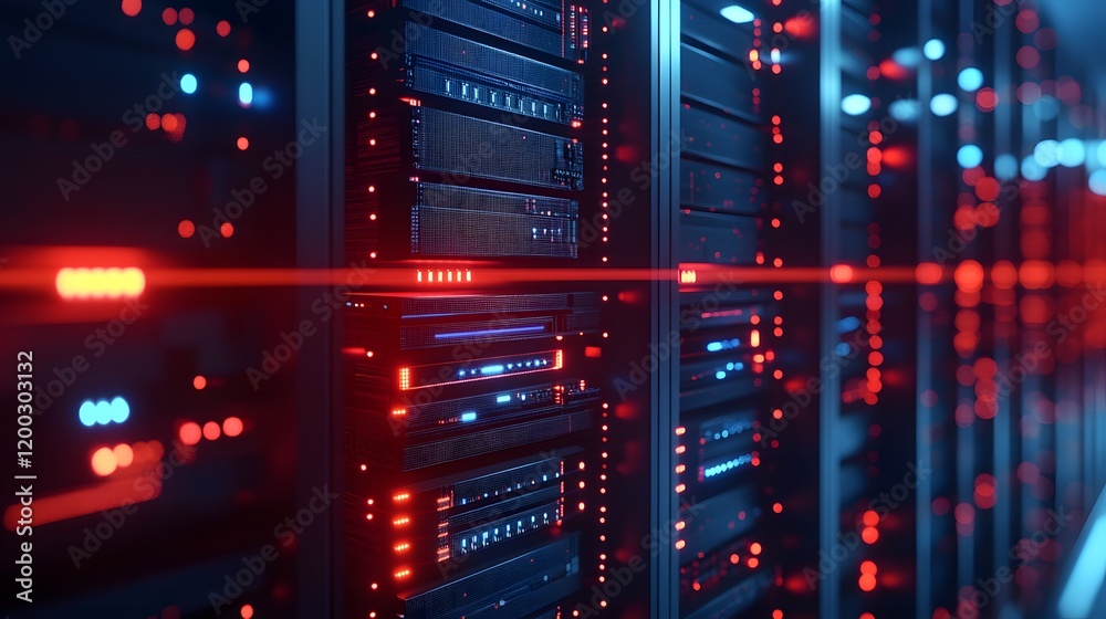 Poster close-up view of modern data center servers with glowing lights and intricate wiring. showcasing adv