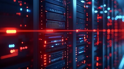 Naklejka premium Close-up view of modern data center servers with glowing lights and intricate wiring. Showcasing advanced technology in a digital age, emphasizing the importance of data storage.