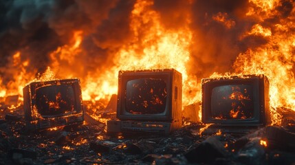 Burning old TVs in flames, waste disposal, environmental disaster