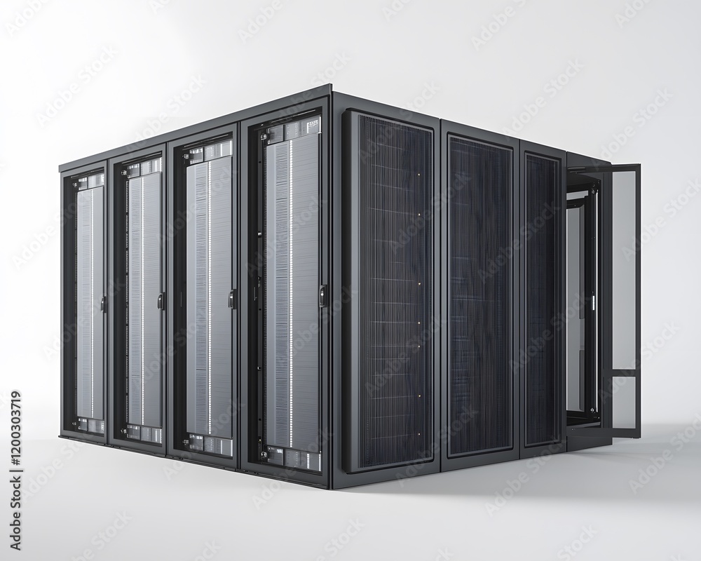 Poster modern data center with server racks and advanced cooling systems for efficient computing.