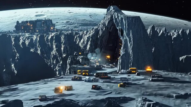 Asteroid mining colony bustling with activity under a starry sky near a distant moon, asteroid mining colony hums with activity, Seamless ing video background