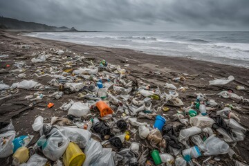 Garbage on the beach, View of a polluted beach