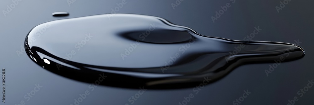 Poster black oil puddle reflecting light on a smooth surface in an urban environment during daylight hours.