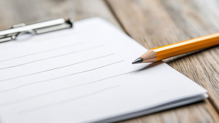 Close-up of pencil on clipboard with blank paper