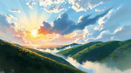 Dreamy Anime-Style Sunset Over Misty Rolling Hills with Distant Figure

