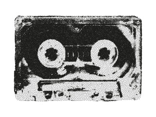 Trendy halftone stipple element with photocopy effect. Vintage transparent music cassette tape. Grunge punk dotted sticker for collage, modern retro vector illustration for poster, print, banner