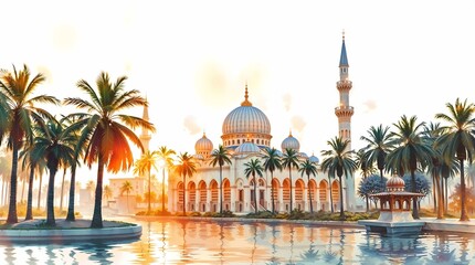 Fototapeta premium Idealized Digital Painting of Elegant Mosque with Palm Trees and Waterfront Setting 