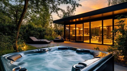 Luxury Hot Tub Relaxation at Sunset near Modern House