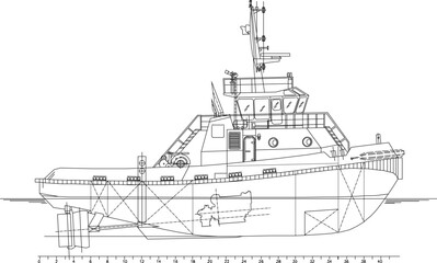 vector sketch illustration of the silhouette of a tugboat construction design for sailing at sea.eps