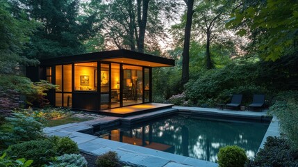 Modern Poolside Pavilion: A Serene Evening Retreat