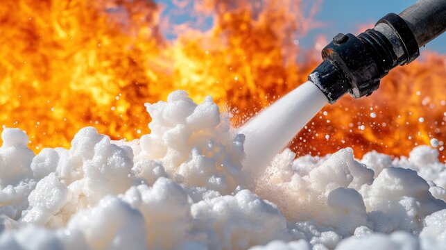 Firefighting foam is being sprayed onto flames, creating a contrast between the white foam and the intense orange fire.