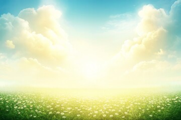 Obraz premium A meadow field with fresh grass and flowers, situated against a blurred blue sky dotted with clouds, embodies the perfect natural summer spring landscape