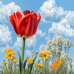 Fototapeta premium Toning design of spring flowers with a bokeh background, showcasing the beauty of nature in a wide landscape format with cool blue tones
