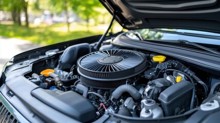 Fototapeta premium A detailed view of a car engine, showcasing components like the air filter and hoses, set against a blurred natural background.