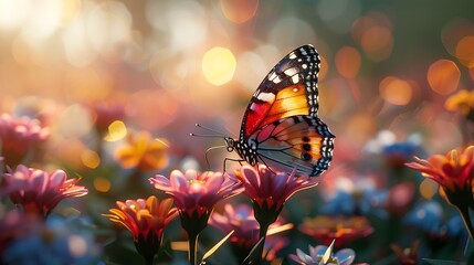 Butterfly on flowers at sunset, nature background, peaceful scene, ideal for spring themes