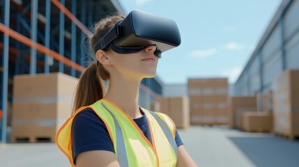 A woman wearing a VR headset stands in a warehouse, showcasing the integration of virtual reality in industrial settings.