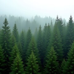Fototapeta premium Misty evergreen forest, dense trees shrouded in fog. Serene and tranquil atmosphere.