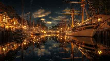 Fototapeta premium 巨大な水鏡が作り出す船が浮かぶ夜の港の幻想的な光景