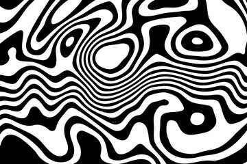 Black white wavy background optical illusion. Lines stripes pattern distortion ripple effect. Eps 10