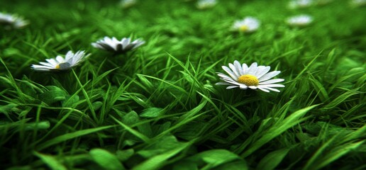 Sunny spring background, HD wallpaper, features a soft focus lens, dark white and green hues, symbolic Nabis style, flower power motifs, serene landscape, award-winning – generative AI