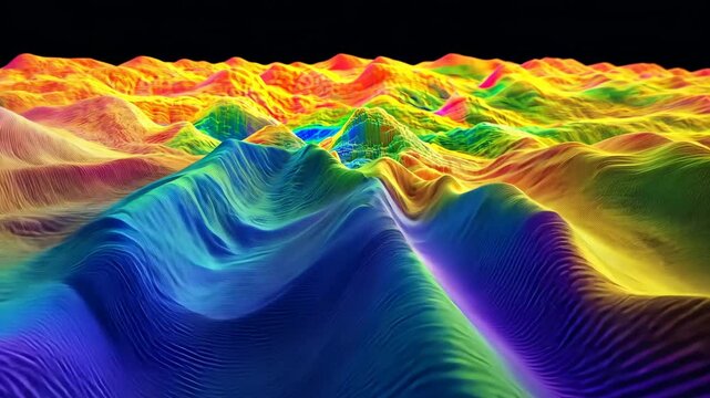 Colorful 3D terrain model displaying vibrant and dynamic mountain range patterns
