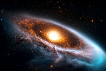 Obraz premium Large, glowing sun is at the center of a swirling galaxy