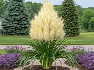 Obraz premium A spring garden is adorned with blooming purple alliums and other flowers