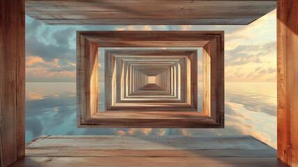 波止場の柱に掛けた鏡が作る無限に続く幻想的な世界