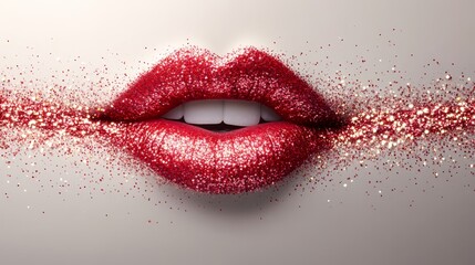 Obraz premium Smiling Red Glitter Lips, Beauty and Makeup Close-up with Copy Space on White Background