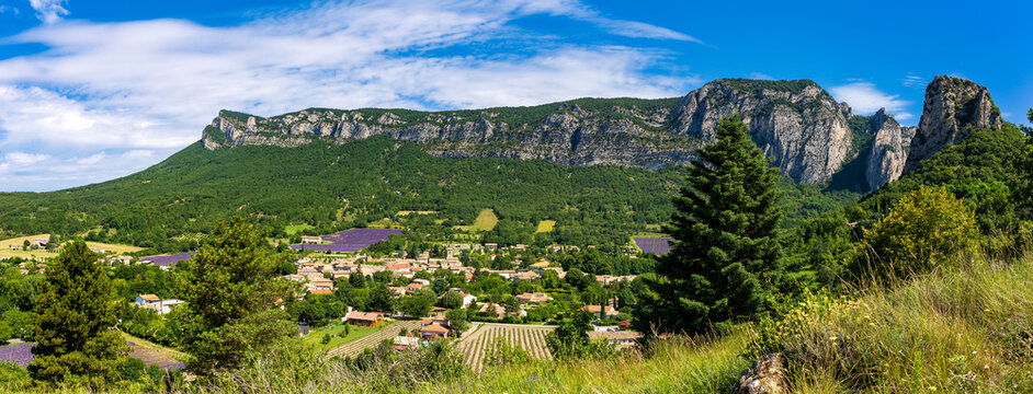 Saou, in the Dr&ocirc;me department, southeastern France, door of Provence. The town offers traditional architecture with its narrow medieval streets and houses under synclinal of Sao&ucirc; mountain.