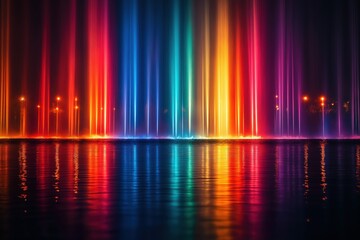 Illuminated Fountain at Night: Vibrant Colors and Cascading Water