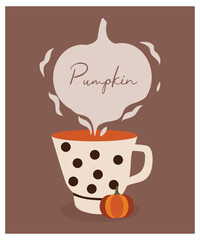 Flat Design Illustration with Steam hot drink and Pumpkin Taste
