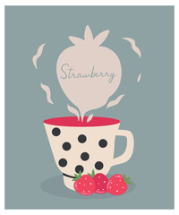 Flat Design Illustration with Steam hot drink and Strawberry Taste